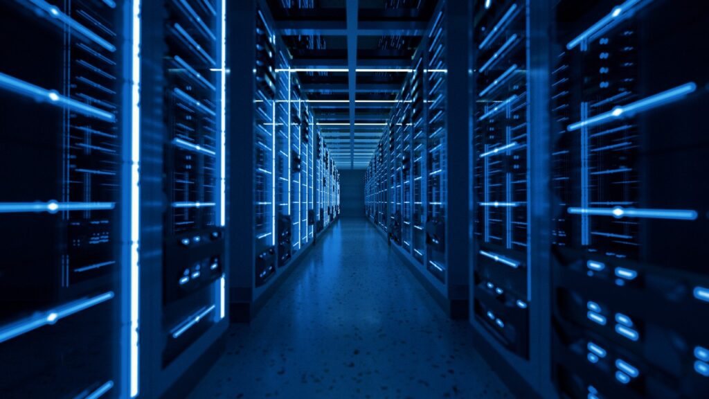 Data center storage hall with network and processing server racks in cold environment